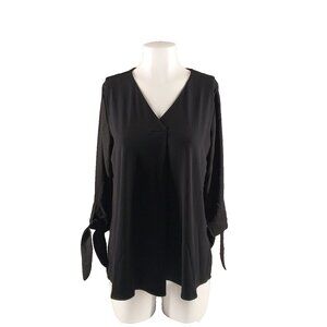 NWT $59 ALFANI Blouse M(8-10) Back Pleated Black Bow Tie Sleeve Knit Chiffon